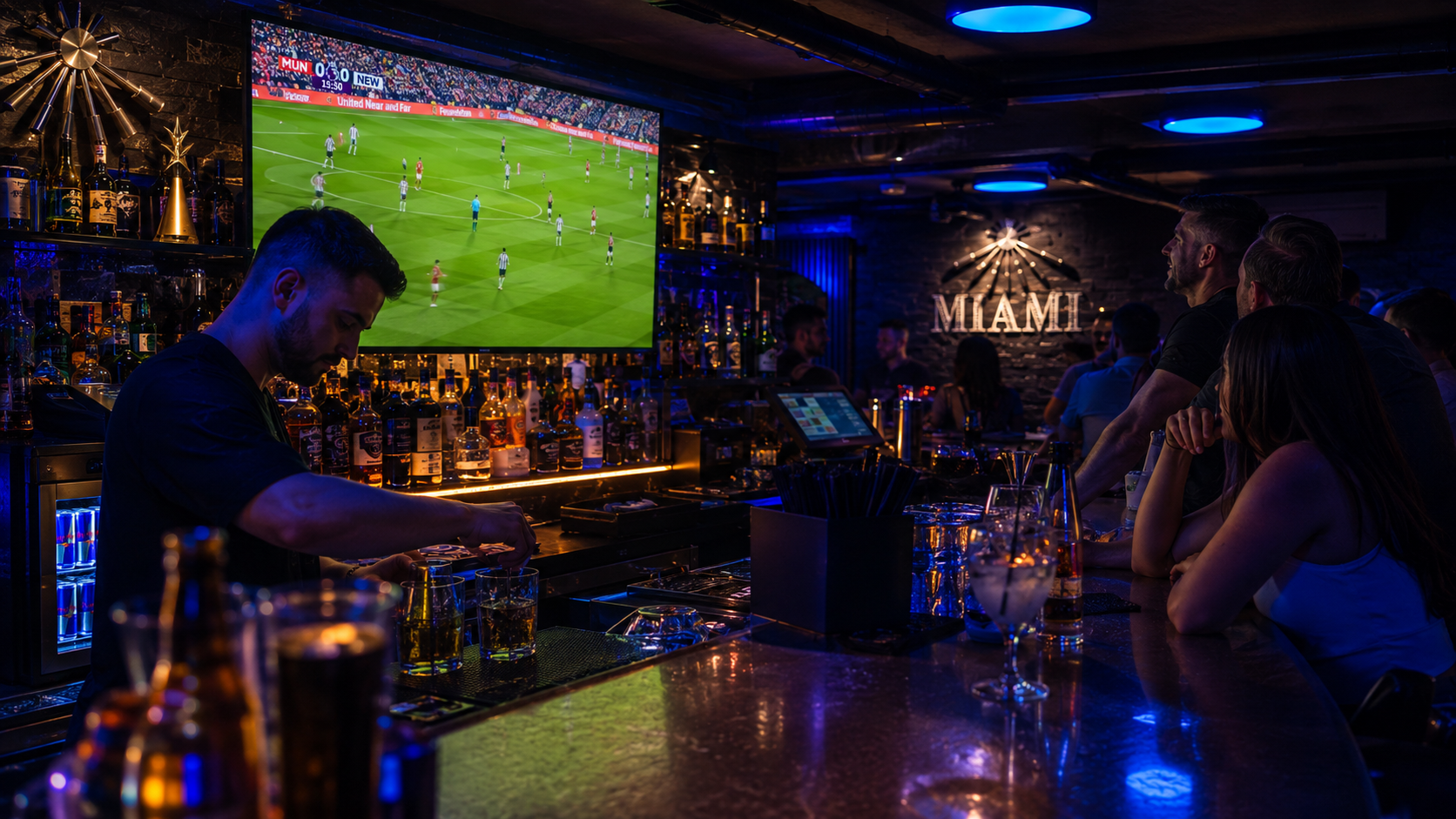 Bartender bereitet Drinks zu während Gäste ein Fussballspiel auf dem Screen verfolgen